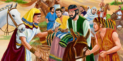 Siervos egipcios encuentran la copa de plata de José en el saco de uno de sus hermanos