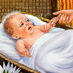 Babyn Mose ligger i korgen och gråter.