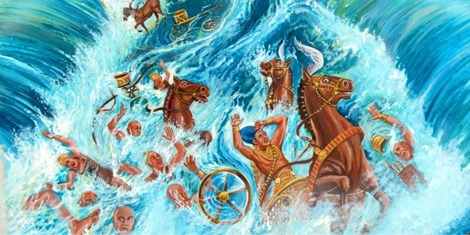 Al volver las aguas, el mar se traga a Faraón y los carros de Egipto