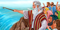 Mose delar Röda havet med Jehovas kraft.