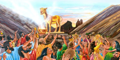 Los israelitas, cantando, bailando y adorando al becerro de oro