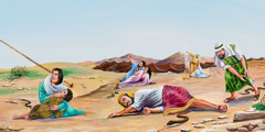 Israelitas que foram picados por cobras olham para a serpente de cobre que Moisés fez