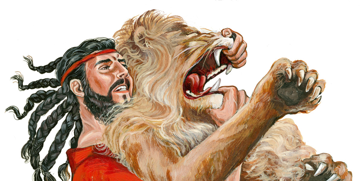 Samson kills a lion with his bare hands