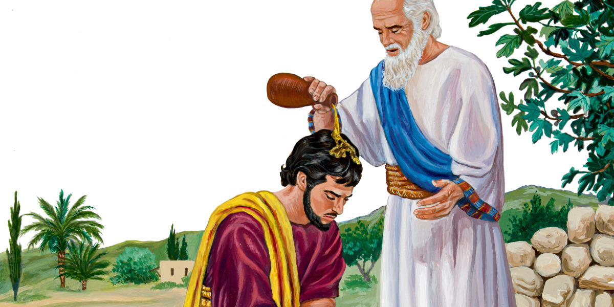 The prophet Samuel pours anointing oil on Saul’s head