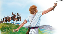 Israelilaiset sotilaat katsovat, kun Daavid linkoaa kiven Goljatia kohti