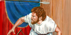 Dávid elhajol a dárda elől, amit Saul feléje hajított