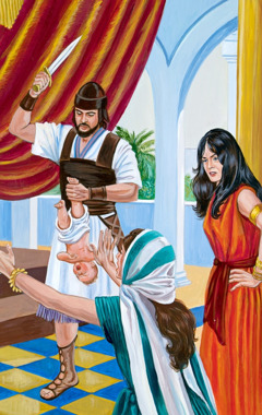 Two women alongside one of Solomon’s men who holds a baby and a sword