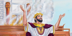 At the new temple, Solomon prays to Jehovah God