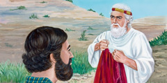 Profeten Ahia river sin dräkt medan han pratar med Jerobeam.