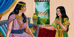 Den israelitiska flickan pratar med Naamans hustru om profeten Elisa.