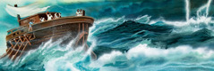 Matrózok figyelik a vizet, miután a tengerbe dobták Jónást