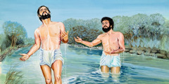 Jesús saliendo del río Jordán después de que Juan lo bautiza