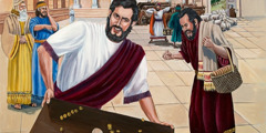 Jézus kizavarja a pénzváltókat a templomból, az asztalaikat pedig felborítja