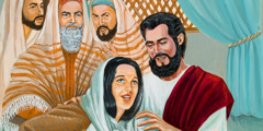 Líderes religiosos molestos mirando cómo Jesús cura a una mujer