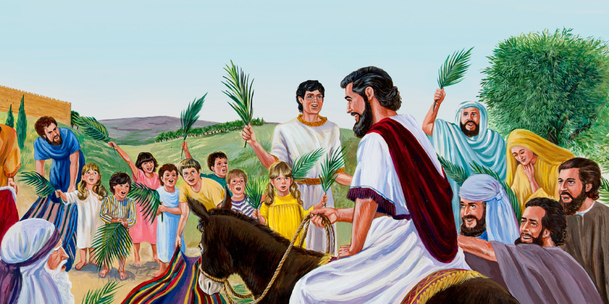 Jesus monta em um jumentinho, e as multidÃµes acenam com ramos de palmeira