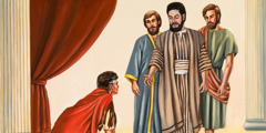 The apostle Peter telling Roman centurion Cornelius not to bow down before him