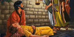 Um discípulo se ajoelha ao lado do corpo de Êutico