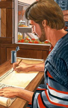 Timoteo escribiendo lo que Pablo le dicta