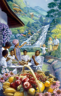 اشخاص من مختلف العروق يتناولون وجبة معا في الفردوس