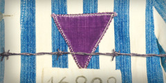 A uniform with blue stripes and a purple triangle.