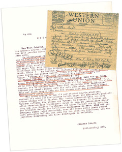 A letter and a telegram. The letter is addressed to the German government, protesting the persecution of Jehovah’s Witnesses. The telegram is from Des Moines, Iowa, to the Hitler government in Berlin, Germany.