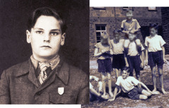 Collage: 1. Louis Arzt adolescente. 2. Louis con un gruppo di ragazzi in un riformatorio a Weingarten, in Germania.