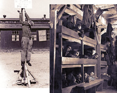 Collage: 1. An effigy of a prisoner hanging by his hands, which have been tied together behind his back. 2. Male prisoners in crowded bunks inside a wooden barracks.