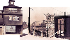 Collage: 1. The main gate at Buchenwald concentration camp. 2. A gate at Buchenwald, with barbed wire, electrical fencing, and a stone column.