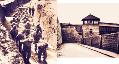 Collage: Gusen concentration camp. 1. Prisoners doing forced labor. 2. The camp walls.