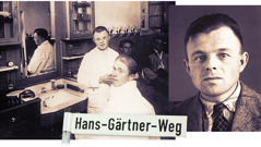 Collage: 1. Hans Gärtner working as a barber. 2. Hans Gärtner. 3. A modern street sign bearing Hans’ name.