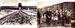 Collage: 1. Railroad tracks lead into Auschwitz camp. 2. A group of women and children stand beside a boxcar at Auschwitz.