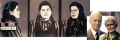 Collage: 1. Foto di Elsa Abt scattate nel campo di concentramento di Auschwitz, che ritraggono il suo profilo destro, lei di fronte e il suo mezzo profilo. 2. Foto recente di Harald ed Elsa.