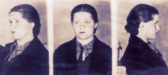 Concentration camp photos of Katharina Thoenes facing right, to the camera, and left.