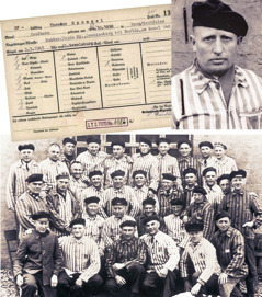 Collage: 1. Tessera di riconoscimento di Theodor Sponsel da prigioniero. 2. Theodor Sponsel con l’uniforme del campo. 3. Gruppo di testimoni di Geova dopo la loro liberazione dal campo di concentramento.