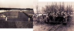 Collage: 1. Rows of barracks at Ravensbrück concentration camp. 2. Female prisoners working outside the camp.