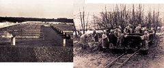 Conjunto de imagens: 1. Fileiras de alojamentos do campo de concentração de Ravensbrück. 2. Mulheres presas trabalhando do lado de fora do campo de concentração.