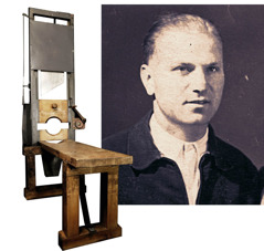 Bilder: 1. Eine Guillotine. 2. Willi Letonja.