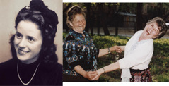Collage: 1. Hermine Schmidt as a young woman. 2. Anastasia Kazak and Hermine have a happy reunion.