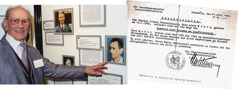 Collage: 1. Alois Moser at a memorial for those persecuted. 2. Alois’ permit that allowed him to return home.