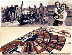 Collage: 1. Three of Jehovah’s Witnesses, freed from the camps, walking on a road in prison uniforms with some personal items and a wheeled cart. 2. Gertrud Poetzinger holding an officer’s child. 3. A diagram of the Sachsenhausen concentration camp layout.