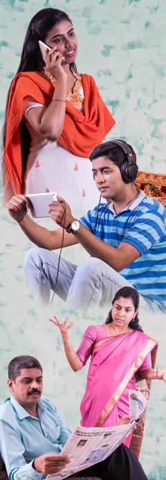 A teenage girl uses a mobile phone; a teenage boy wears a headset; a wife is frustrated because her husband ignores her