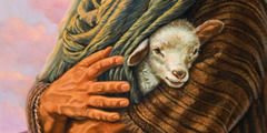 A shepherd cradling a lamb in his bosom.