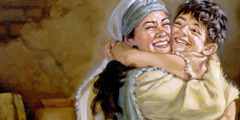 A widow joyfully embraces her resurrected little boy.