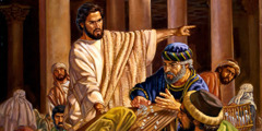 Jesus overturning the table of money changers, ordering them to take their commercial business out of the temple area