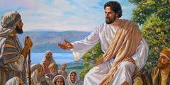 Jesus’ followers listen to his words of wisdom in the Sermon on the Mount