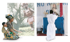 A woman kneels before an idol; a man kneels before a shrine