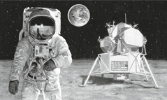 Un homme sur la lune communique avec des personnes sur terre