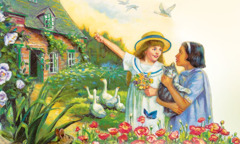 Deux filles jouent près d’une maison dans un jardin avec des fleurs, des arbres et des animaux