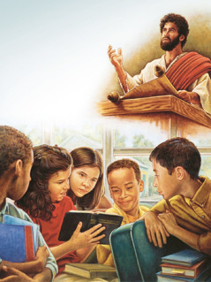 Jesus liest aus einer Buchrolle vor; ein Mädchen zeigt anderen Kindern den Namen Gottes in der Bibel