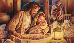 Mary and Joseph put Jesus in a manger